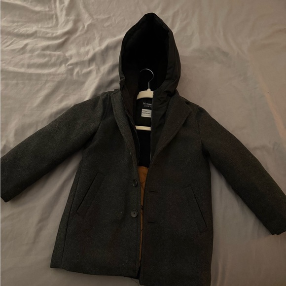 Kids Charcoal Hooded Pea Coat - Warm Layered Style - Picture 2 of 3